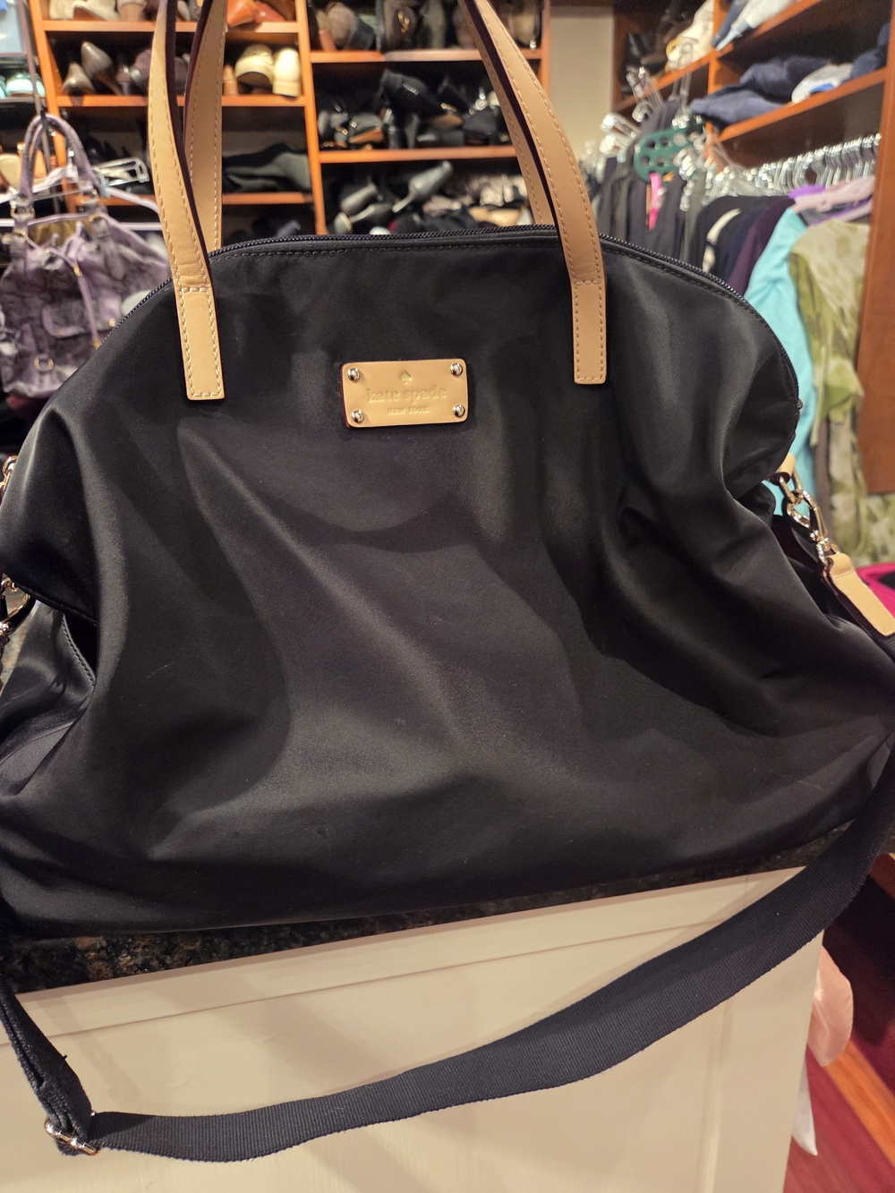 Kate Spade Black Nylon Travel Bag with Tan Leather Handles